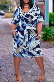 Dark Green African Girls Print V Neck Short Sleeve Plus Size Loose Pockets Casual Outing Midi T-Shirt Dress