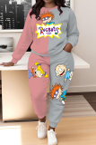 Blue Red Sportwear Cartoon Letter Print Round Neck Long Sleeve Sweatshirt and Pencil Sweatpants Fall Winter Two Pieces Sweatsuits Sets