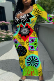 Dark Green Geometric Flowers Print O Neckt Short Sleeve Casual Vacation Bodycon Midi T-shirt Dress