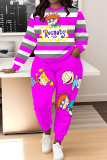 Red Sportwear Cartoon Stripe Print Round Neck Long Sleeve Sweatshirt and Pencil Sweatpants Fall Winter Two Pieces Sweatsuits Sets