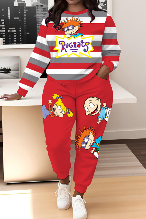 Red Sportwear Cartoon Stripe Print Round Neck Long Sleeve Sweatshirt and Pencil Sweatpants Fall Winter Two Pieces Sweatsuits Sets