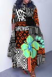 Blue Orange African Graphics Print O Neck 3/4 Sleeve Belted Waist Casual Outing Plus Size Straight Loose Maxi Dresses
