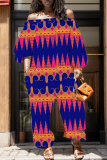 Navy Blue African Graphcis Print Off Shoulder Long Sleeve Casual Vacation Harem Leg Jumpsuits