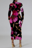 White Floral Print O Neckt Long Sleeve Casual Vacation Bodycon Midi Dress