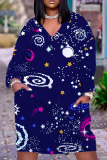 Navy Blue Graphcis Print V Neck Long Sleeve with Pocket Casual Outing Plus Size Baggy Straight Midi Dress