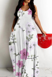 Black White Graphics Print Sleeveless Backless Spaghetti Strap Floor Length Vacation Baggy Sundress Maxi Slip Dress