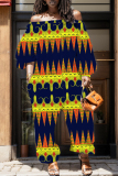 Navy Blue African Graphcis Print Off Shoulder Long Sleeve Casual Vacation Harem Leg Jumpsuits
