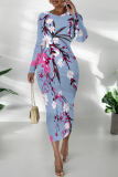White Floral Print O Neckt Long Sleeve Casual Vacation Bodycon Midi Dress