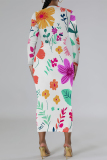 White Floral Print O Neckt Long Sleeve Casual Vacation Bodycon Midi Dress