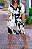 Dark Green African Girls Print V Neck Short Sleeve Plus Size Loose Pockets Casual Outing Midi T-Shirt Dress