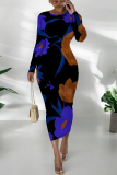 White Red Tie Dye Floral Print O Neckt Long Sleeve Casual Vacation Bodycon Midi Dress