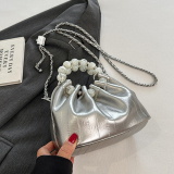 Pearls Decor Small Chanel Style Handbag Chain Crossbody Pleated Bucket Bag