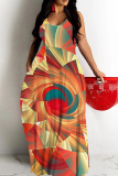 Blue Graphics Print Sleeveless Backless Spaghetti Strap Floor Length Vacation Baggy Sundress Maxi Slip Dress