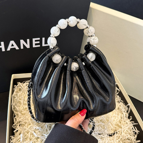 Pearls Decor Small Chanel Style Handbag Chain Crossbody Pleated Bucket Bag