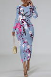 White Floral Print O Neckt Long Sleeve Casual Vacation Bodycon Midi Dress