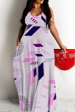 Blue Graphics Print Sleeveless Backless Spaghetti Strap Floor Length Vacation Baggy Sundress Maxi Slip Dress
