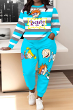 Red Sportwear Cartoon Stripe Print Round Neck Long Sleeve Sweatshirt and Pencil Sweatpants Fall Winter Two Pieces Sweatsuits Sets