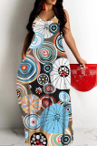 Blue Graphics Print Sleeveless Backless Spaghetti Strap Floor Length Vacation Baggy Sundress Maxi Slip Dress