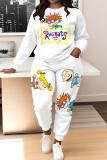 White Sportwear Cartoon Letter Print Round Neck Long Sleeve Sweatshirt and Pencil Sweatpants Fall Winter Two Pieces Sweatsuits Sets