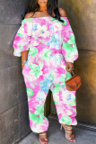 Rose Red Floral Print Off Shoulder Long Sleeve Casual Vacation Harem Leg Jumpsuits