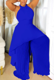 Black White Casual Backless Irregular Sleeveless Ruched Halter Tops And Pleated Wide Leg Pants Two Pieces Trouser Sets