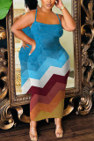 Red Blue Faux Denim Print Sleeveless Backless Spaghetti Strap Casual Outing Vacation Plus Size Bodycon Maxi Slip Dress