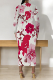 White Red Tie Dye Floral Print O Neckt Long Sleeve Casual Vacation Bodycon Midi Dress