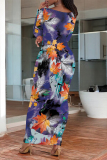 Dark Purple Floral Print O Neckt Short Sleeve Casual Vacation Bodycon Midi T-shirt Dress