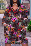 Navy Blue Graphcis Print V Neck Long Sleeve with Pocket Casual Outing Plus Size Baggy Straight Midi Dress