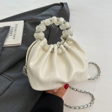 Pearls Decor Small Chanel Style Handbag Chain Crossbody Pleated Bucket Bag