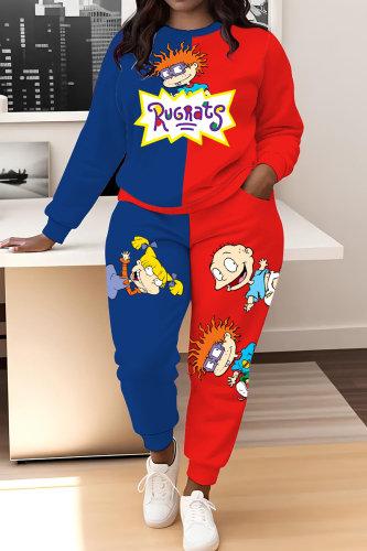 Blue Red Sportwear Cartoon Letter Print Round Neck Long Sleeve Sweatshirt and Pencil Sweatpants Fall Winter Two Pieces Sweatsuits Sets