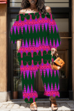 Navy Blue African Graphcis Print Off Shoulder Long Sleeve Casual Vacation Harem Leg Jumpsuits