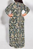 Navy African Floral Print O Neck 3/4 Sleeve Floor Length Long Plus Size Vacation Casual Maxi Dresses