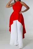 Black White Casual Backless Irregular Sleeveless Ruched Halter Tops And Pleated Wide Leg Pants Two Pieces Trouser Sets