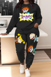 White Sportwear Cartoon Letter Print Round Neck Long Sleeve Sweatshirt and Pencil Sweatpants Fall Winter Two Pieces Sweatsuits Sets