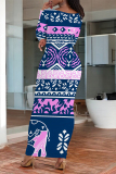 Blue Geometric Print O Neckt Short Sleeve Casual Vacation Bodycon Midi T-shirt Dress