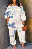 Light Purple Floral Print Off Shoulder Long Sleeve Casual Vacation Harem Leg Jumpsuits