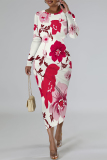 White Red Tie Dye Floral Print O Neckt Long Sleeve Casual Vacation Bodycon Midi Dress