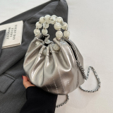 Pearls Decor Small Chanel Style Handbag Chain Crossbody Pleated Bucket Bag