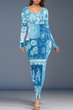 Blue Geometric Print O Neckt Short Sleeve Casual Vacation Bodycon Midi T-shirt Dress