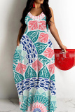 Blue Graphics Print Sleeveless Backless Spaghetti Strap Floor Length Vacation Baggy Sundress Maxi Slip Dress