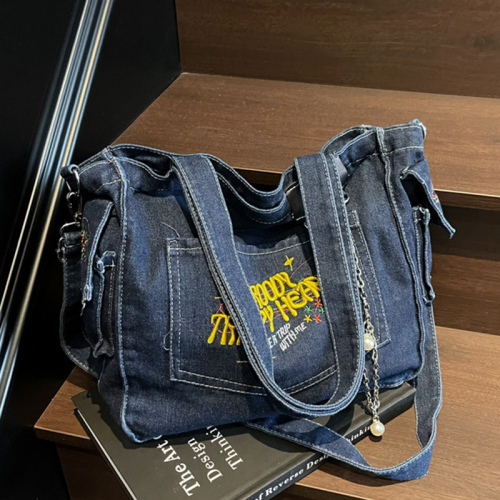 Blue Casual Embroidery Pocket Chains Zipper Large Capacity Denim Tote Bag