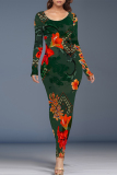 Dark Green Geometric Flowers Print O Neckt Short Sleeve Casual Vacation Bodycon Midi T-shirt Dress