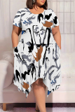 White Green Graphics Print Pocket O Neck Short Sleeve Irregular Hem Casual Plus Size Midi T-shirt Dresses