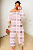 Dark Purple Plaid Print Off Shoulder Long Sleeve Casual Outing Vacation Loose Harem Jumpsuit