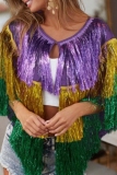 Multicolor Cape Sleeves O Neck Fringed Trim Party Poncho Metallic Top