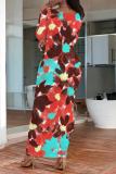 Dark Purple Floral Print O Neckt Short Sleeve Casual Vacation Bodycon Midi T-shirt Dress