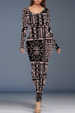 Blue Geometric Print O Neckt Short Sleeve Casual Vacation Bodycon Midi T-shirt Dress