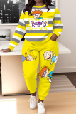Red Sportwear Cartoon Stripe Print Round Neck Long Sleeve Sweatshirt and Pencil Sweatpants Fall Winter Two Pieces Sweatsuits Sets
