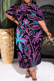 Bean Paste Pink Geometric Print O Neck Short Sleeve Pocket Casual Plus Size Maxi T-shirt Dresses